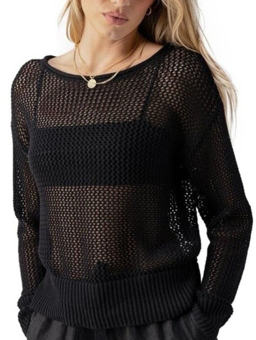 525 America Black Open-Weave Knit Top